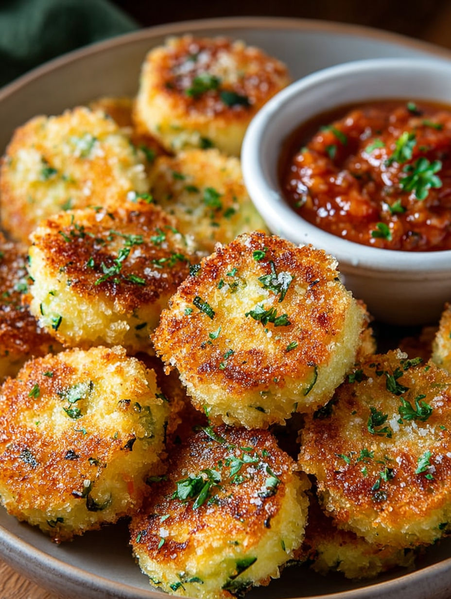 Plateau de nuggets de légumes croustillants avec un ramequin de sauce tomate.