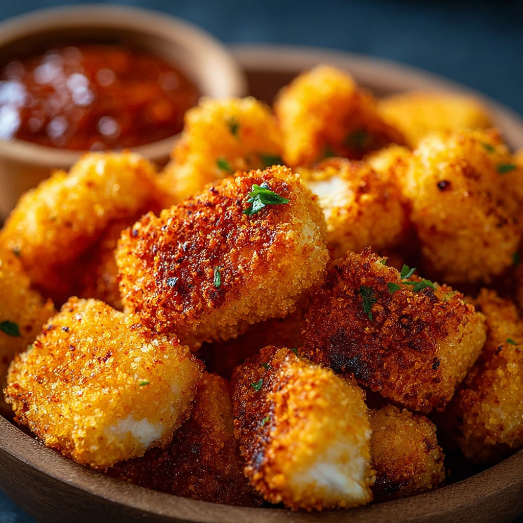 Nuggets de poulet dorés et croustillants servis avec une sauce onctueuse.