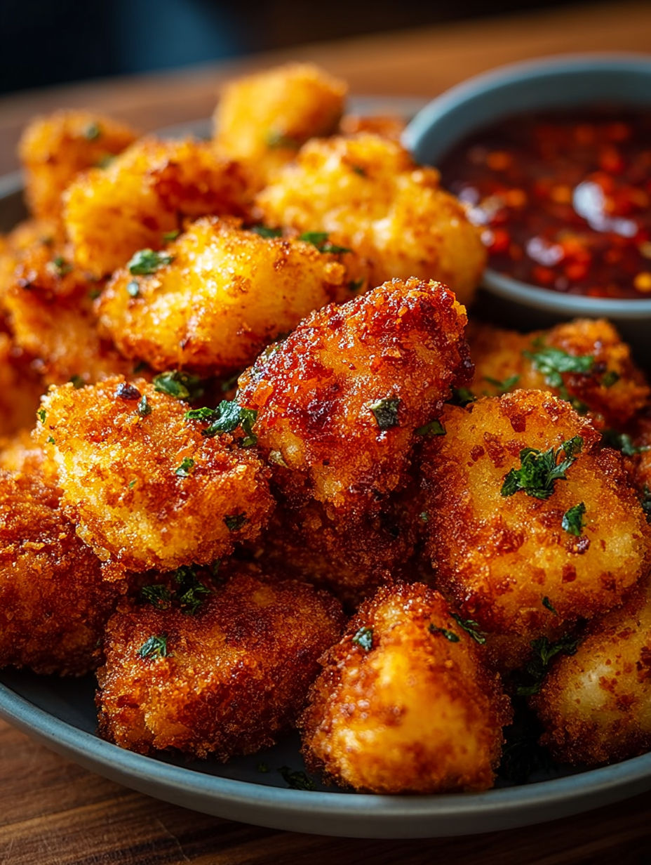 Plateau de nuggets ail et paprika parsemés d'herbes fraîches.