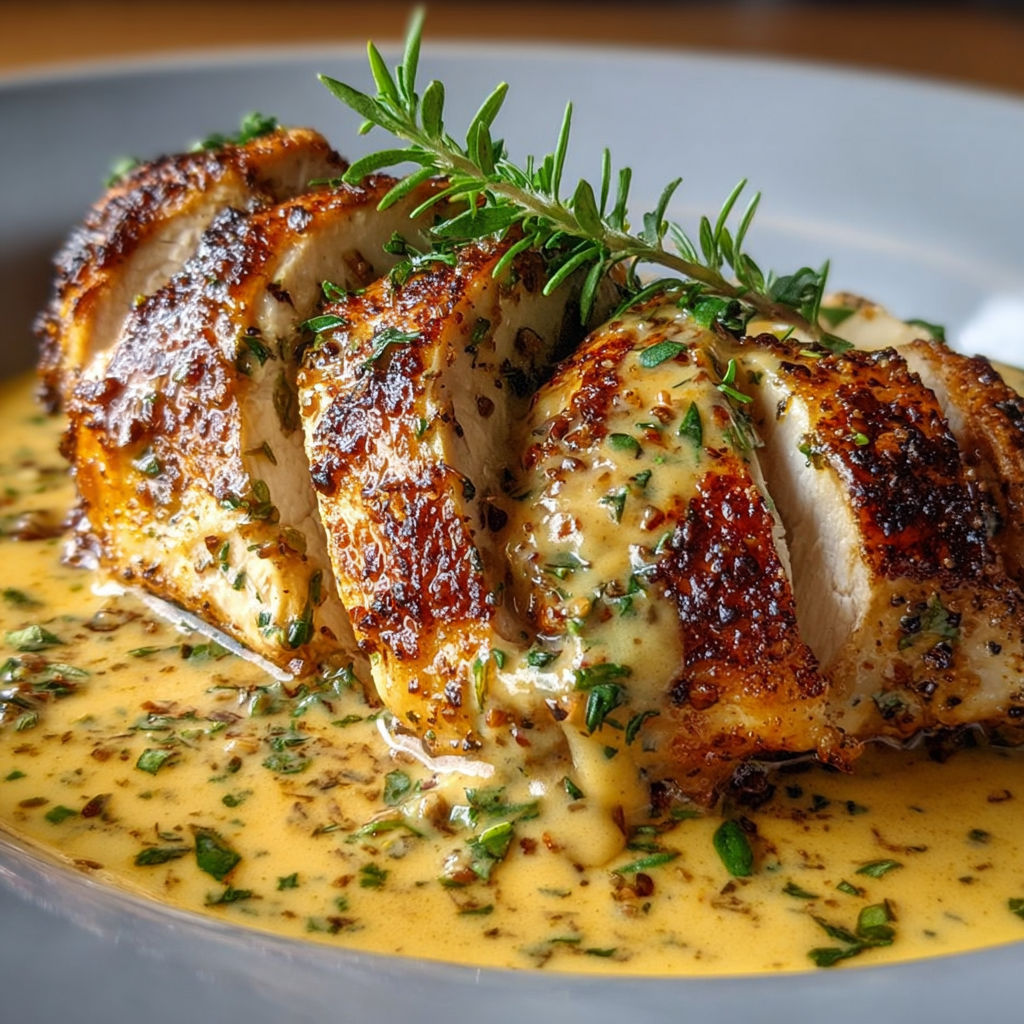 Une portion de poulet grillé avec une sauce miel-moutarde crémeuse.