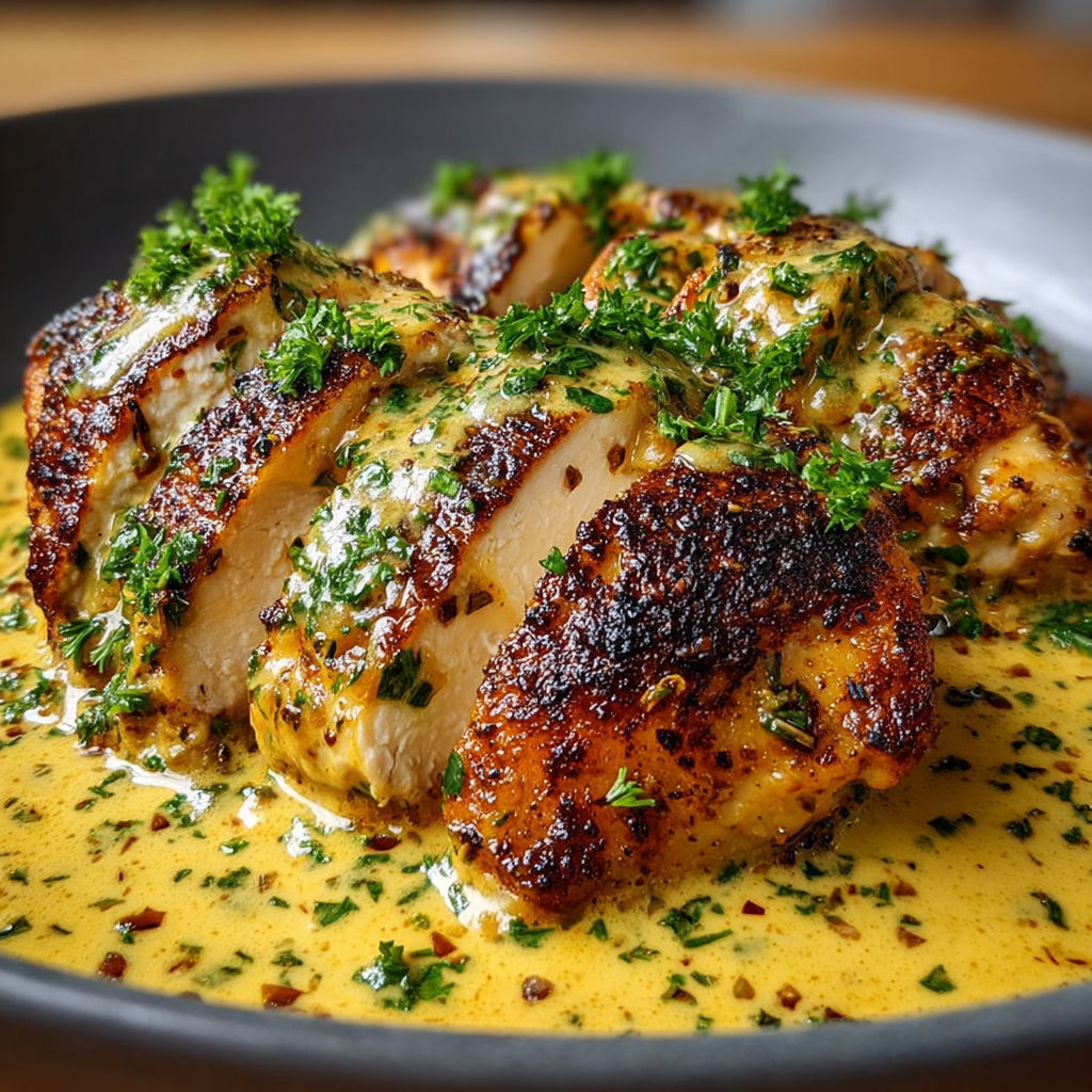 Blancs de poulet dorés nappés d'une sauce veloutée au miel et à la moutarde.