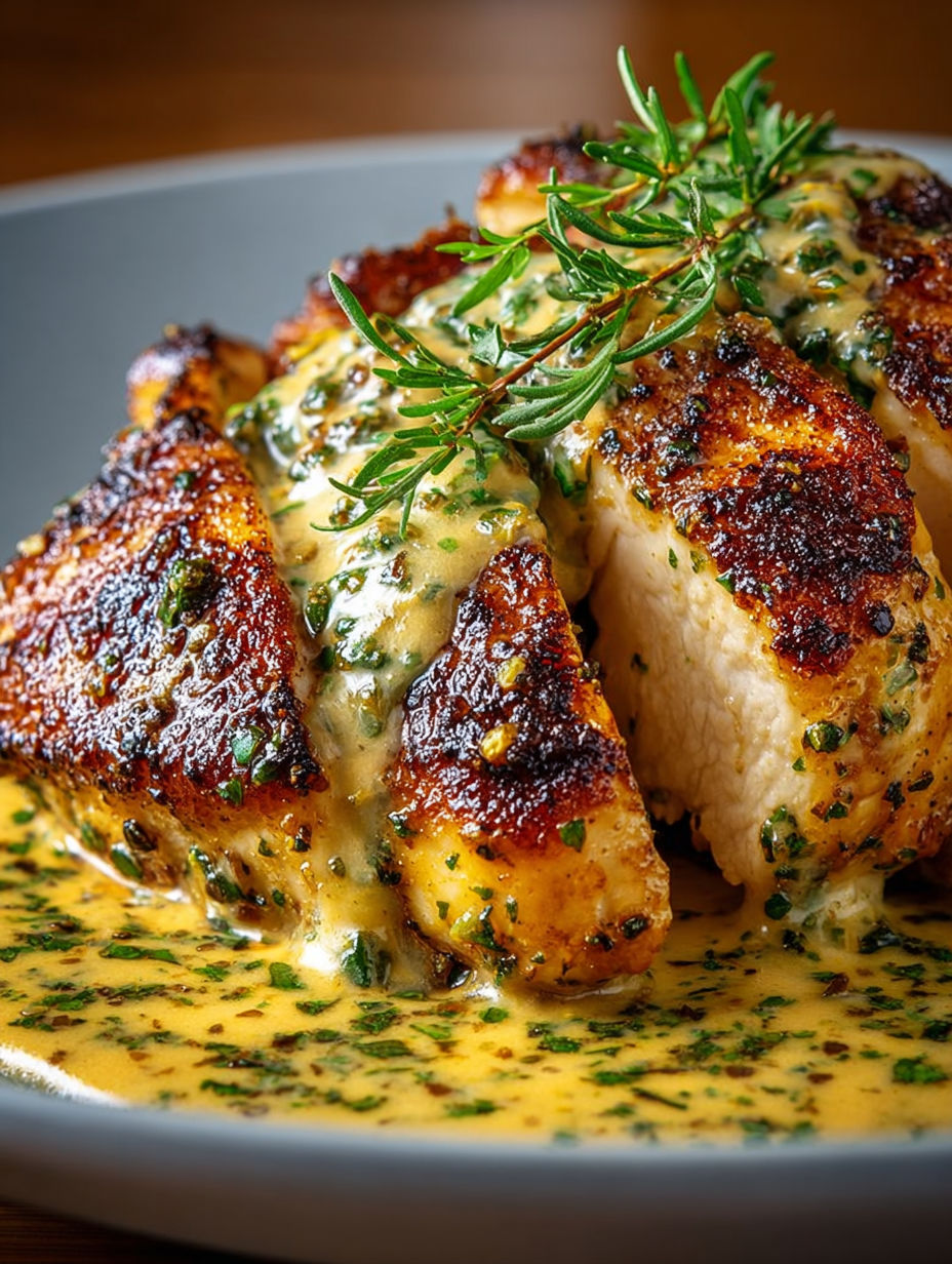 Gros plan sur un morceau de poulet tendre enrobé de sauce miel-moutarde et d'herbes.