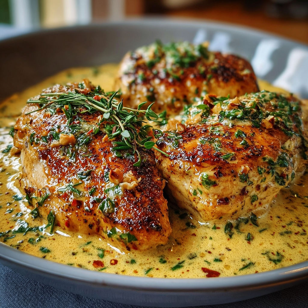 Poulet à la moutarde de Dijon nappé de sauce crémeuse avec des herbes fraîches.