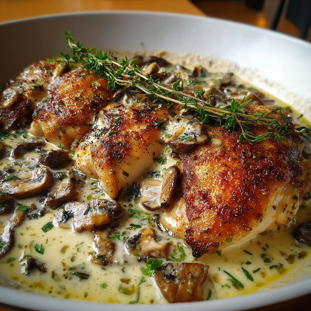 Poulet poêlé aux herbes fraîches et rondelles de citron dans une sauce légère.