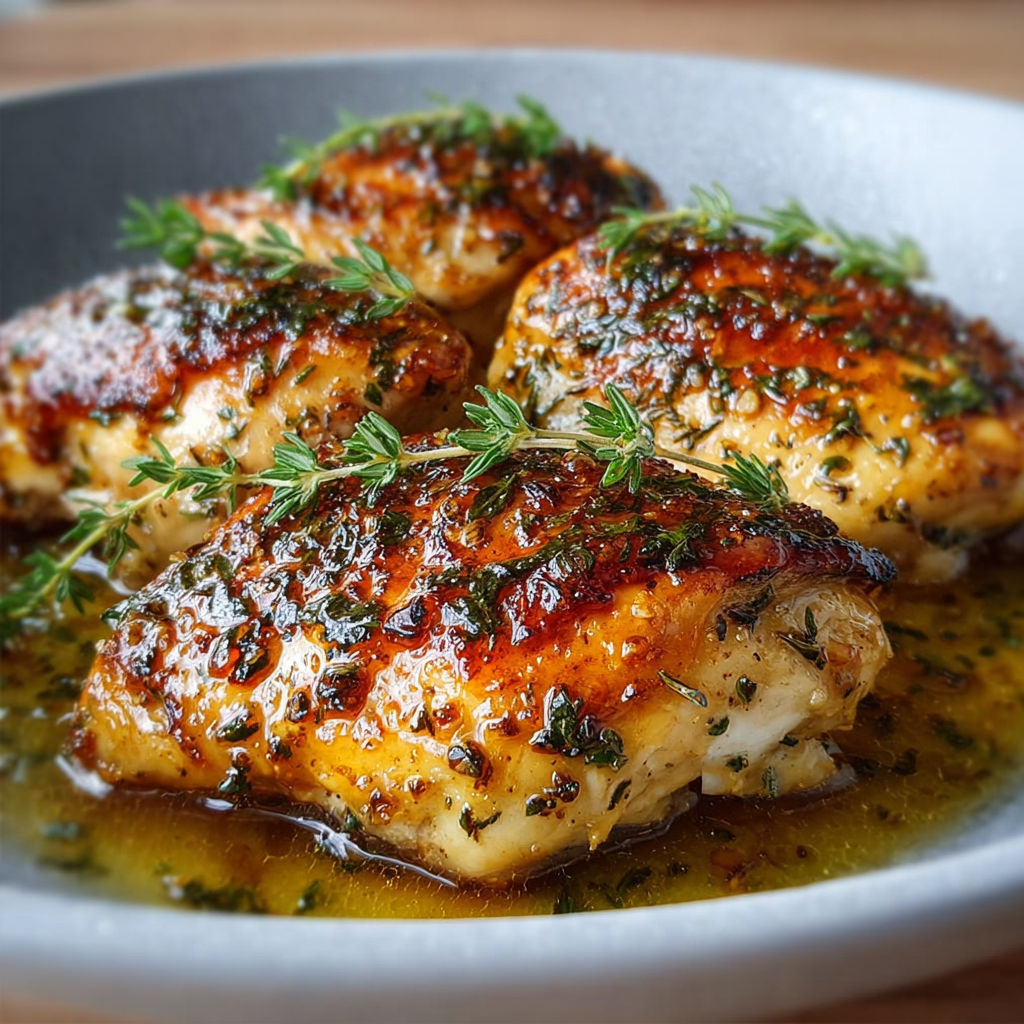 Chicken breasts with herbs and honey, served on a plate.
