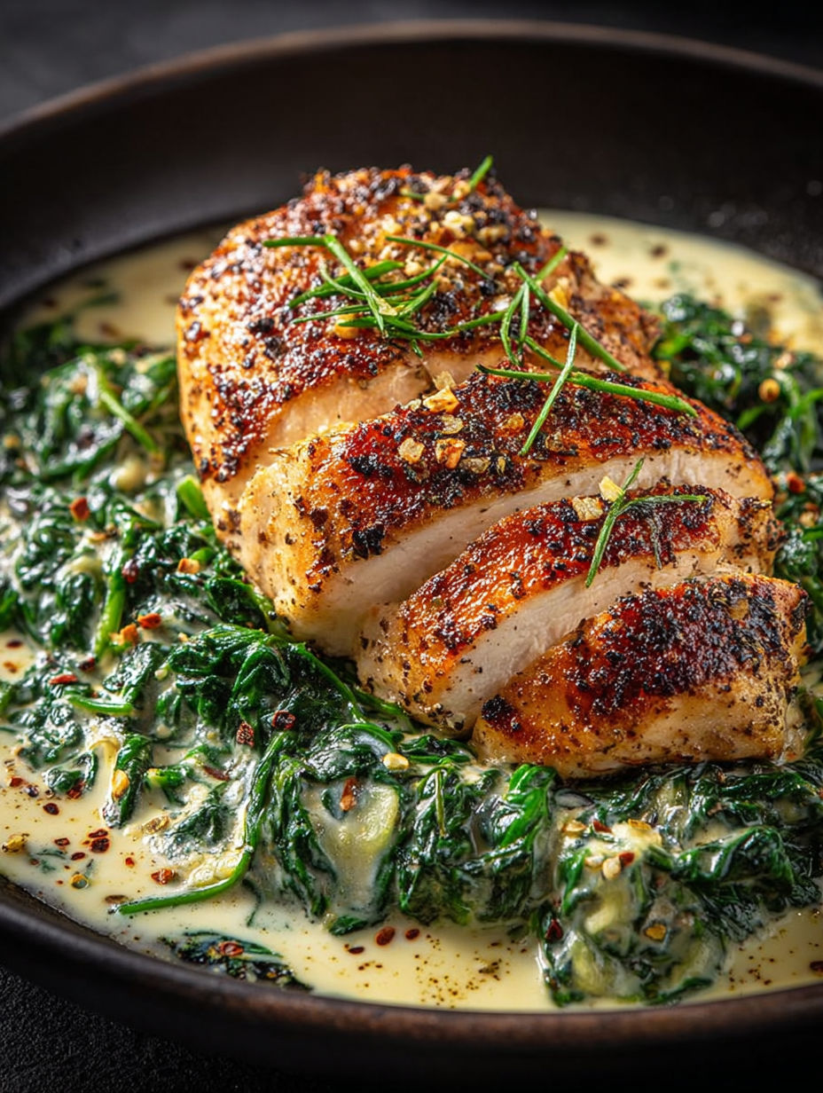 Bouchées de poulet tendres nappées de sauce aux épinards et à l'ail.