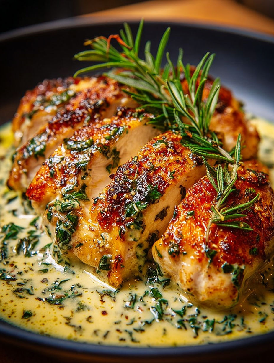 Assiette de poulet à l'estragon servi avec un accompagnement printanier.