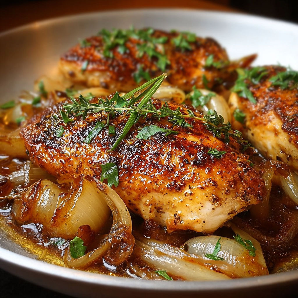 Filets de poulet dorés reposant sur un lit d'oignons caramélisés fondants.