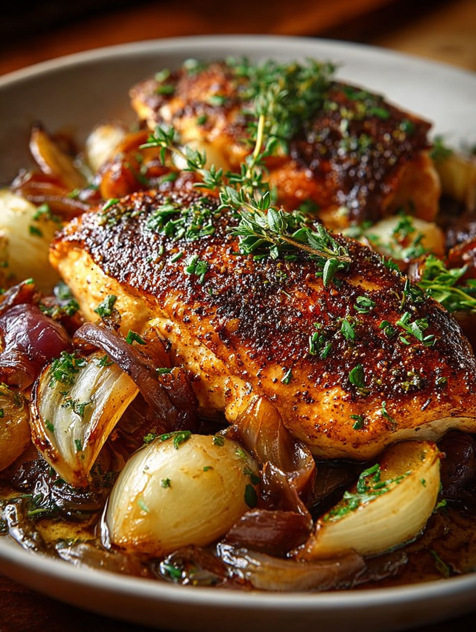 Poulet mijoté aux oignons servi dans une poêle avec des herbes fraîches.