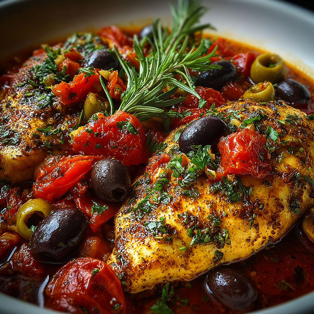 Poulet à la provençale avec tomates cerises et olives, parsemé d'herbes.