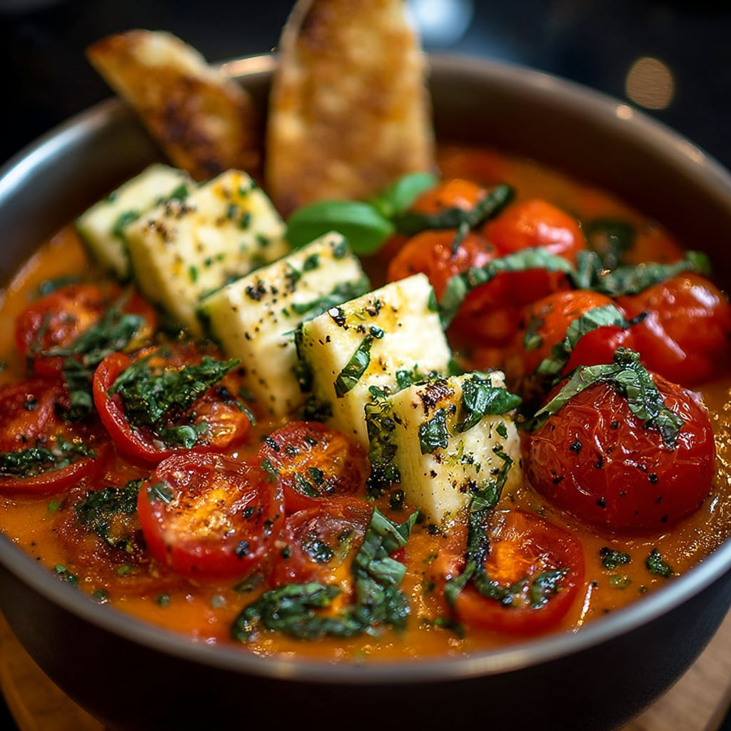Une salade de tomates et de fromage, avec des herbes et des tranches de pain.
