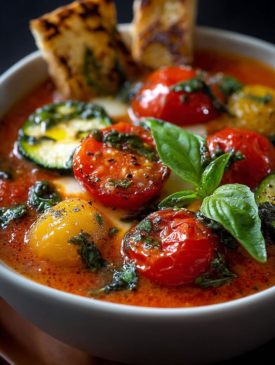 Une recette de soupe tomate et basilic, avec des tomates, des oignons, des herbes et du pain grillé.