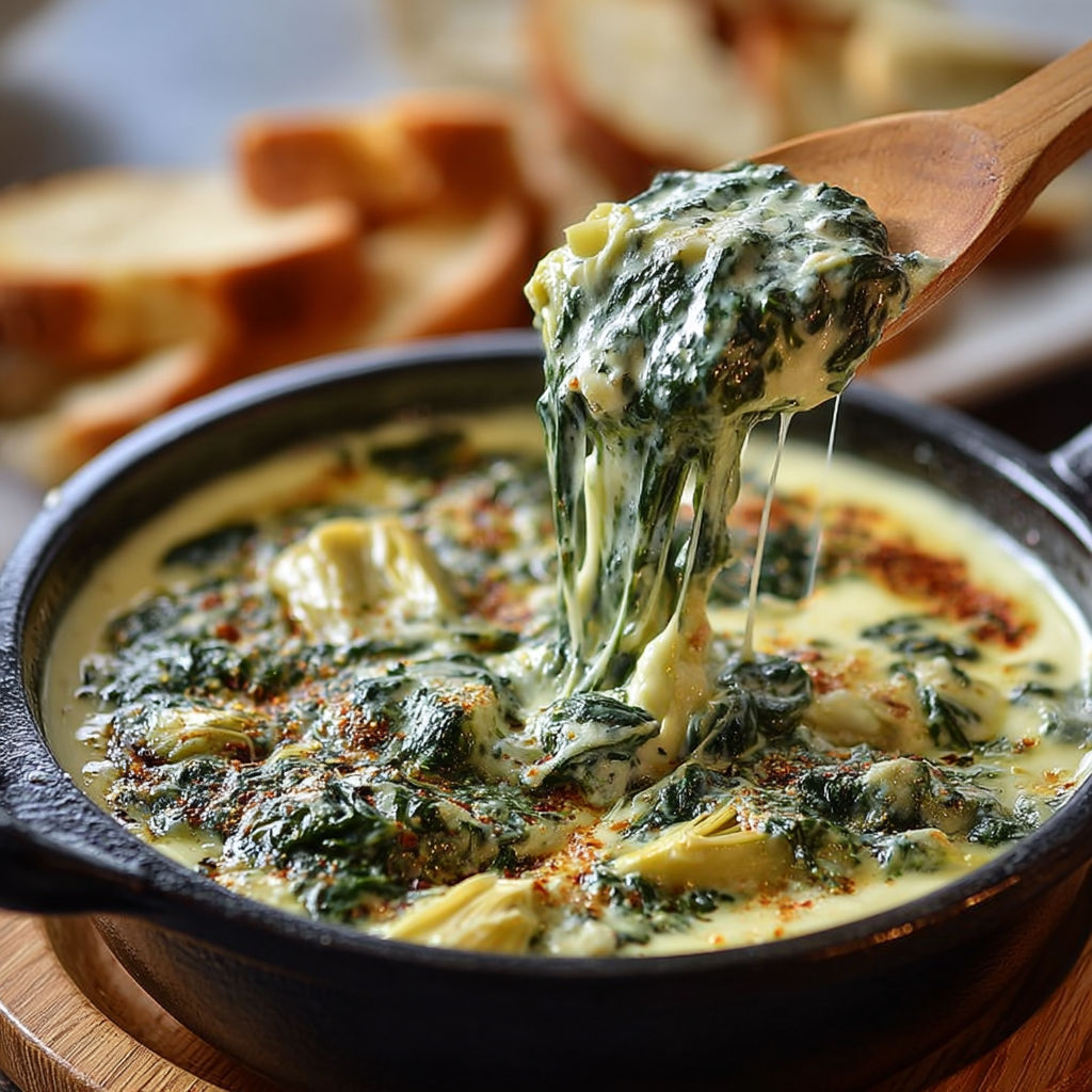 Une tasse de fondue aux épinards et aux artichauts est servie sur une table.