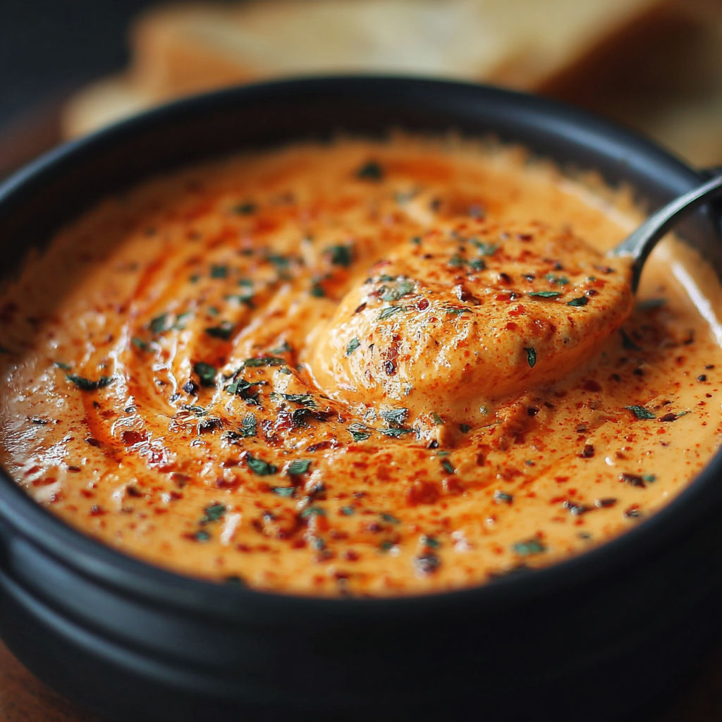Une tasse de fondue poivron rouge rôti et fromage de chèvre, avec une fourchette en train d'enlever une portion.