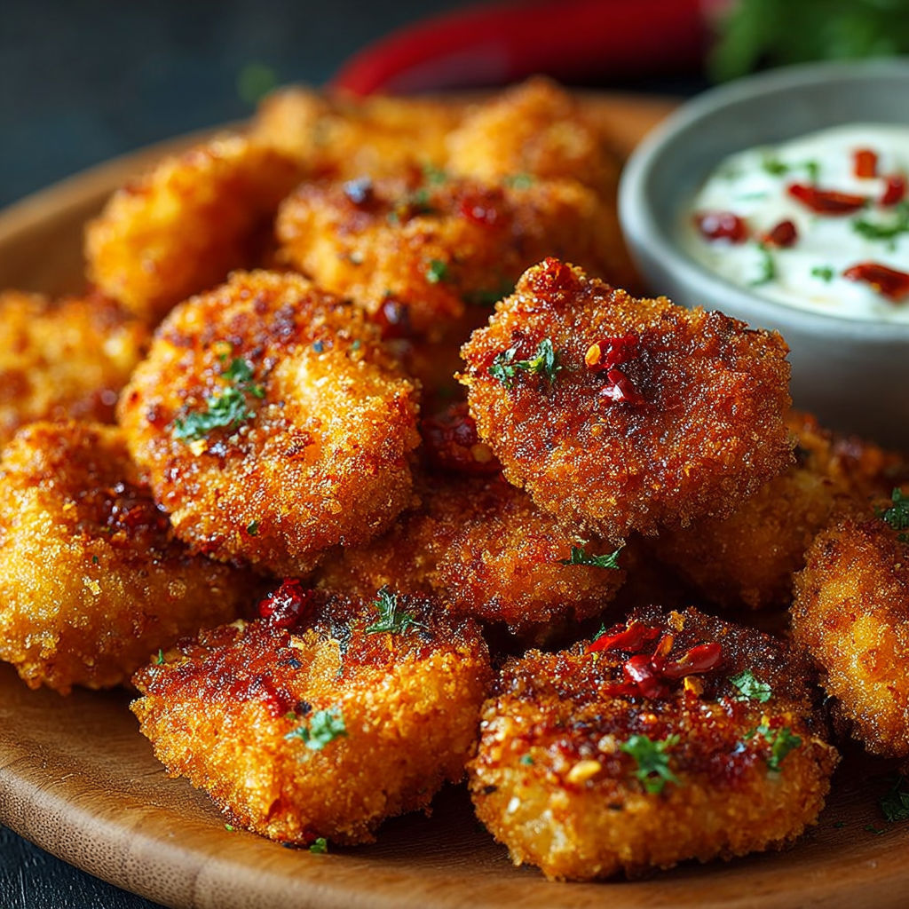 Une recette de friture de poulet avec une sauce de yaourt et des pépins de poivron.