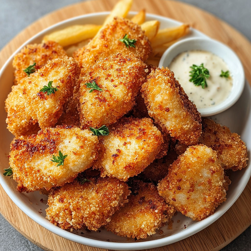 Une assiette de frites et de poulet grillé avec une sauce.