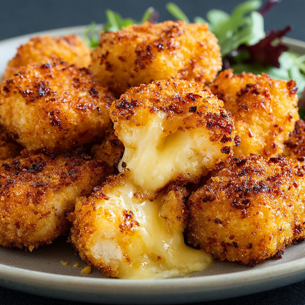 Une assiette de Nuggets de Poulet au Fromage, avec des légumes verts et du fromage fondu.