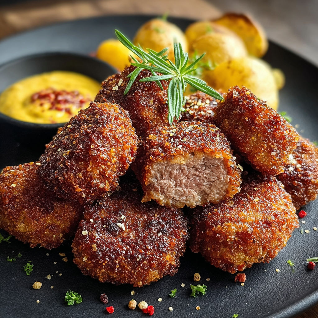 Une assiette de Nuggets de Bœuf Maison, avec une sauce et des herbes, est servie sur une table.