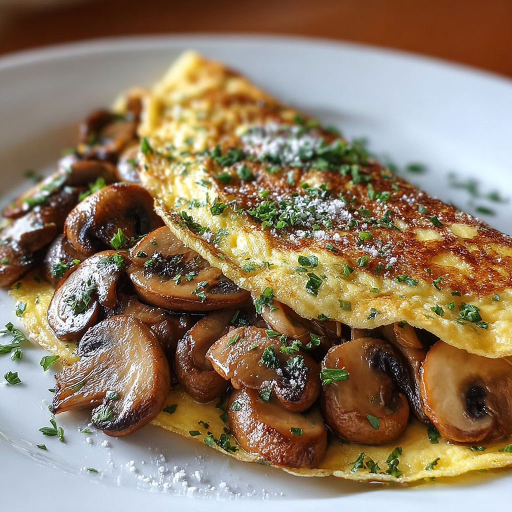 Une omelette aux champignons et herbes est servie sur un plateau.