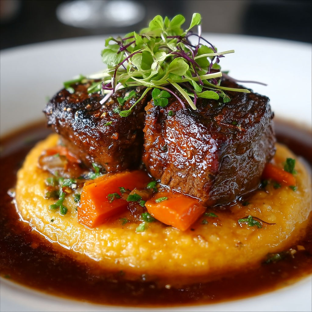 Une recette de Joues de Bœuf et Purée de Carottes est servie sur un plateau.