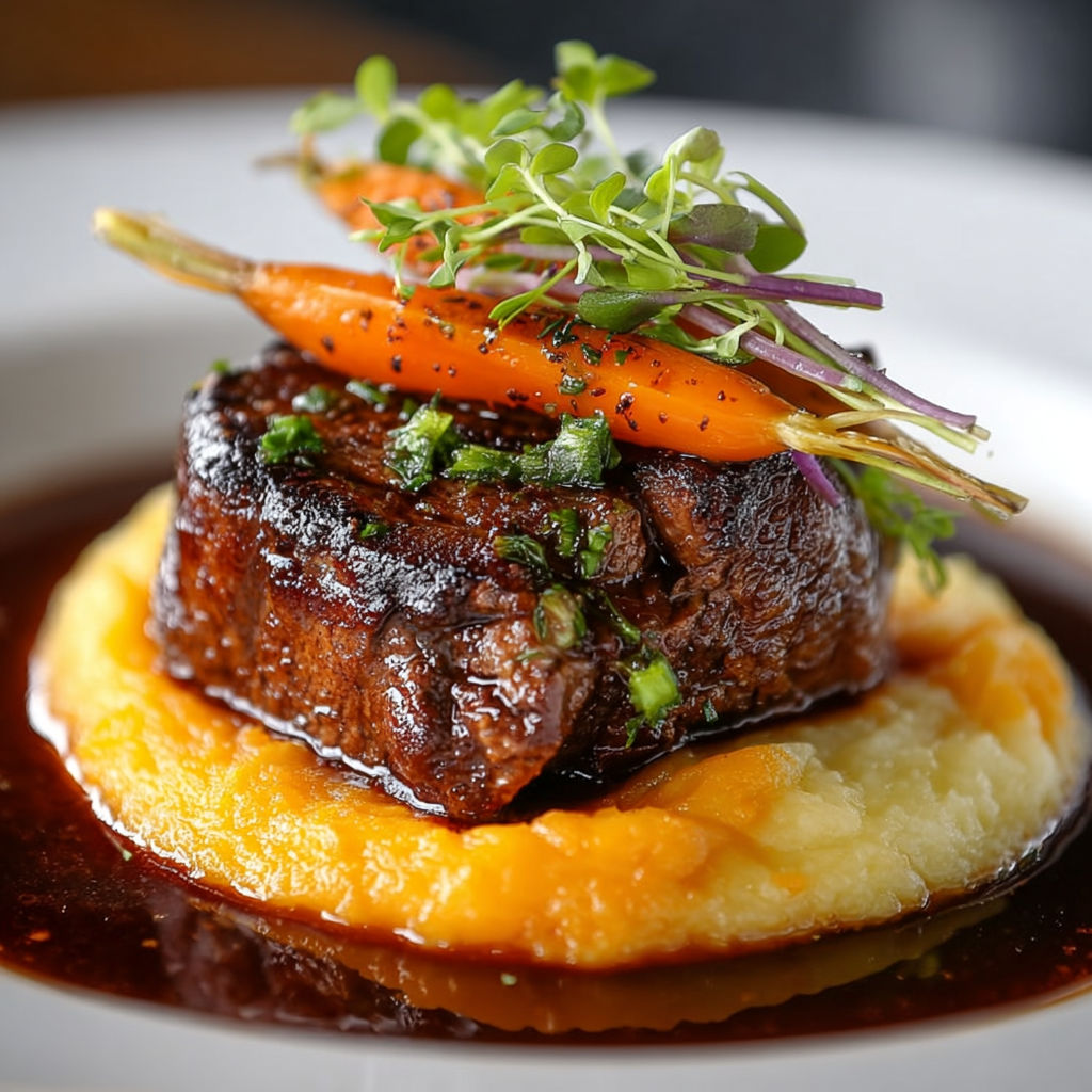 Une viande grillée avec des carottes et des épinards sur un plat de pommes de terre.