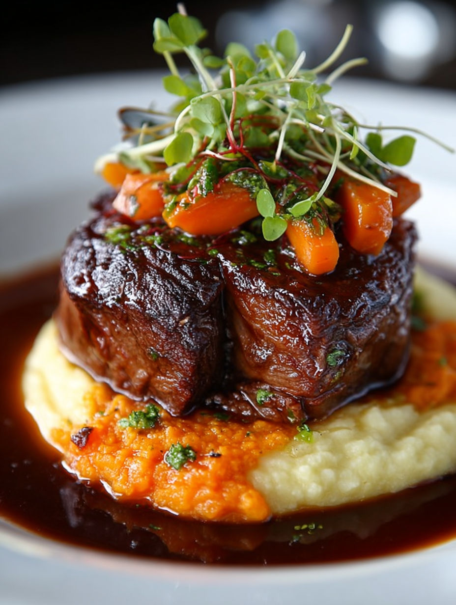 Une viande grillée avec des légumes verts et des épinards sur un plat de pommes de terre.