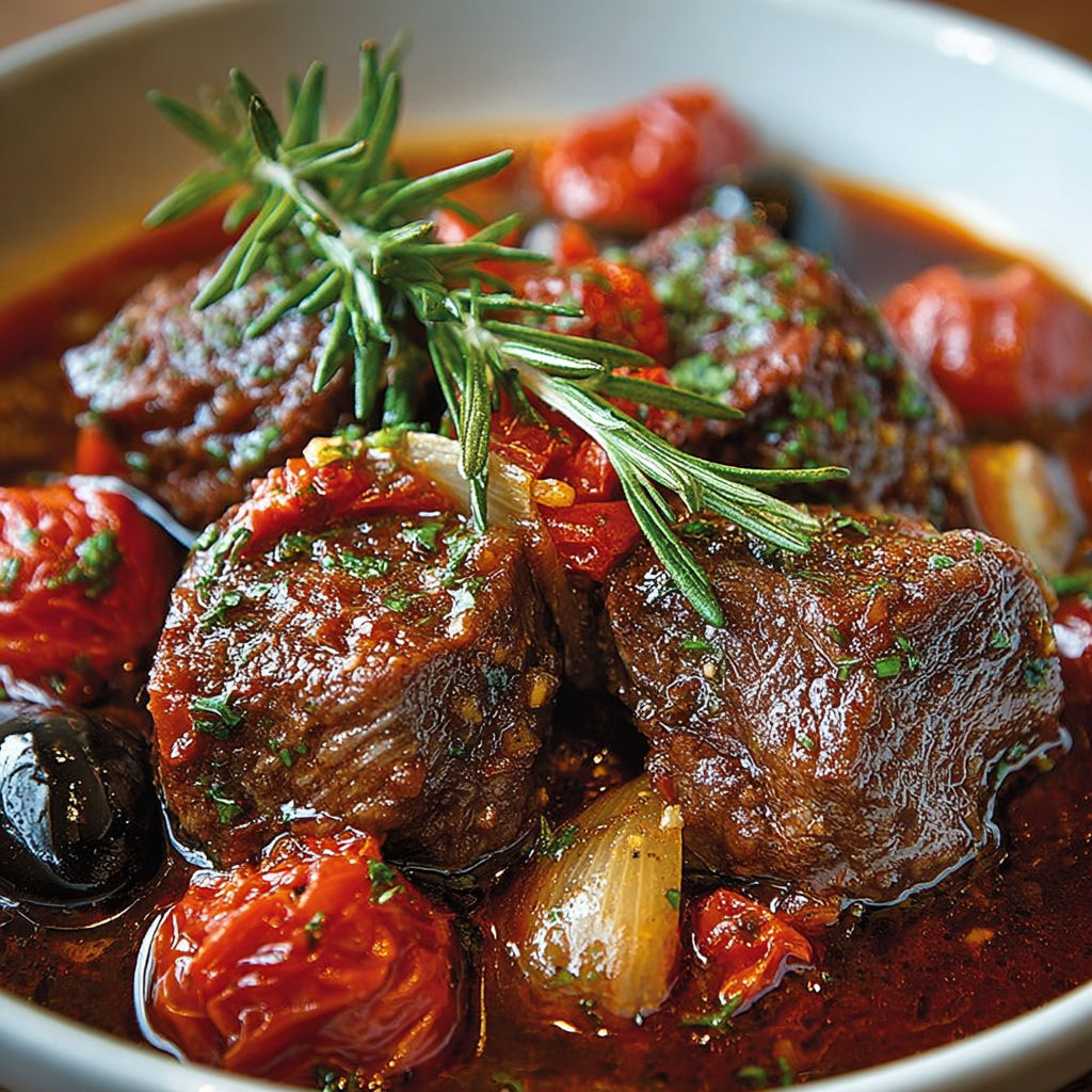 Joues de Bœuf à la Provençale - Un plat de bouillon de boeuf avec des tomates, des herbes et des oignons.