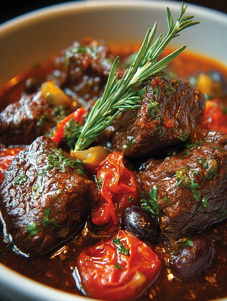 Boeuf à la sauce tomate et herbes" - Un plat de boeuf mijoté avec une sauce tomate et des herbes, accompagné de légumes et de pommes de terre.