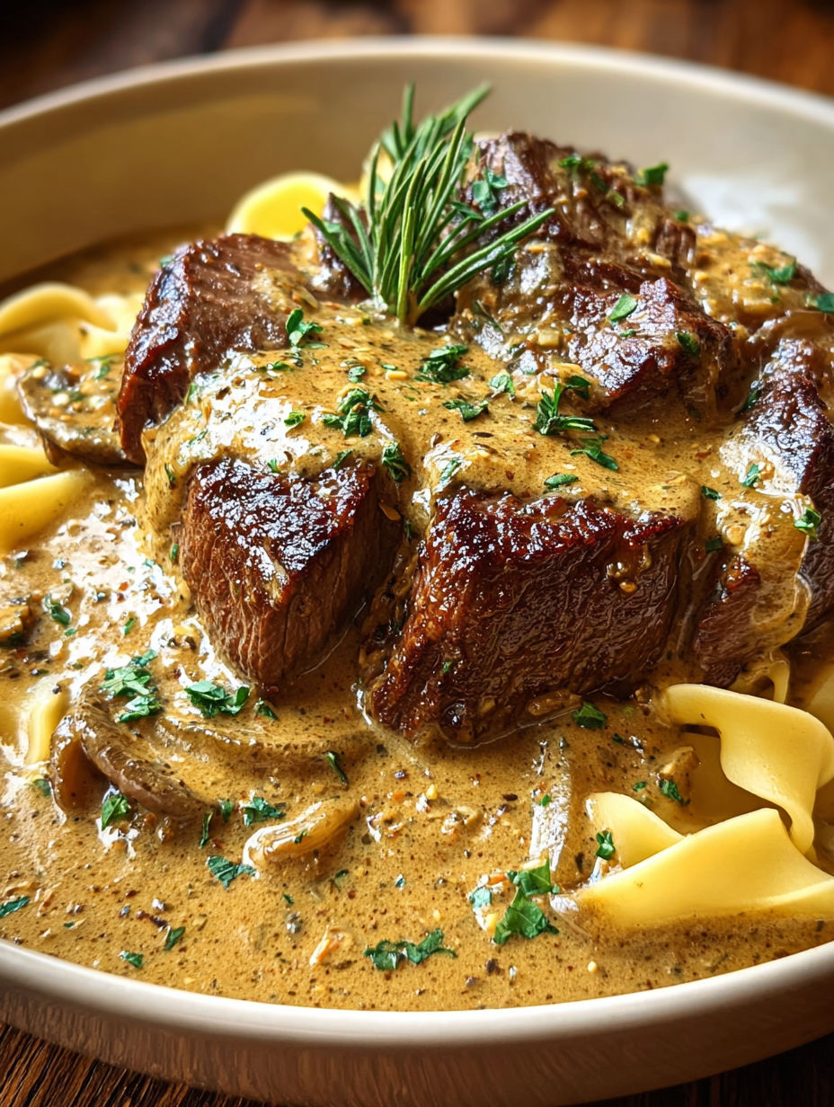 Une viande de boeuf cuite dans une sauce au curry, accompagnée de pâtes et de herbes fraîches.