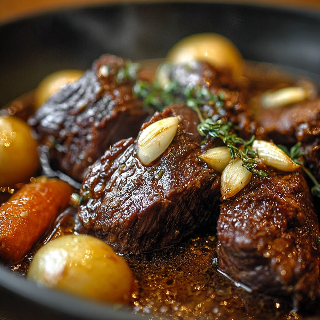 Steak au poivre avec des pommes de terre et des herbes" - Steak with pepper, potatoes and herbs.