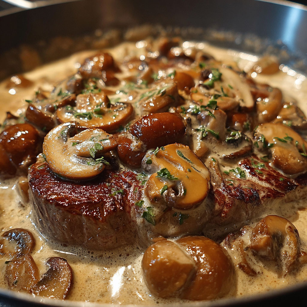 Une recette de Joues de Bœuf aux Champignons et Crème est servie dans un plat en acier.