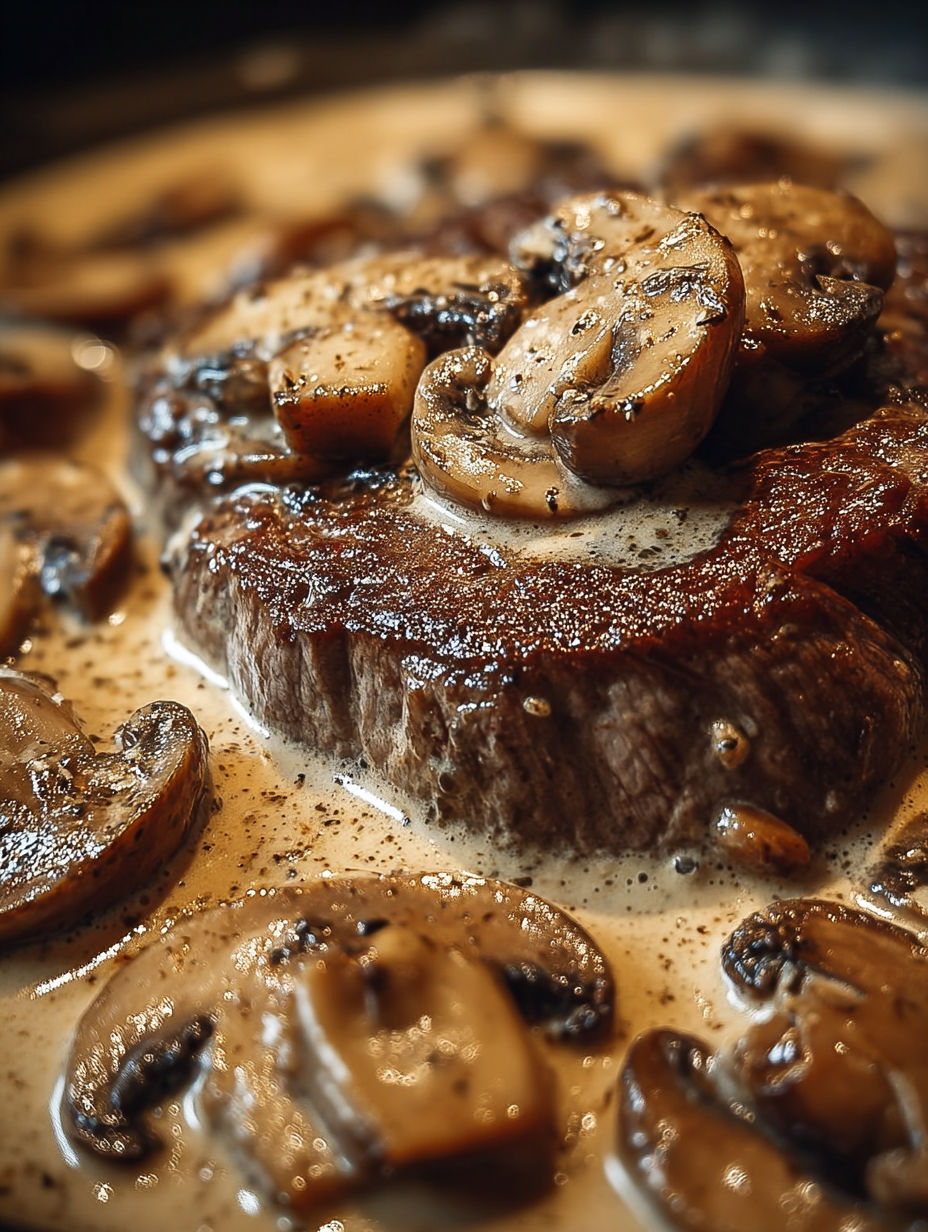 Une viande de boeuf avec des champignons et des mushrooms.
