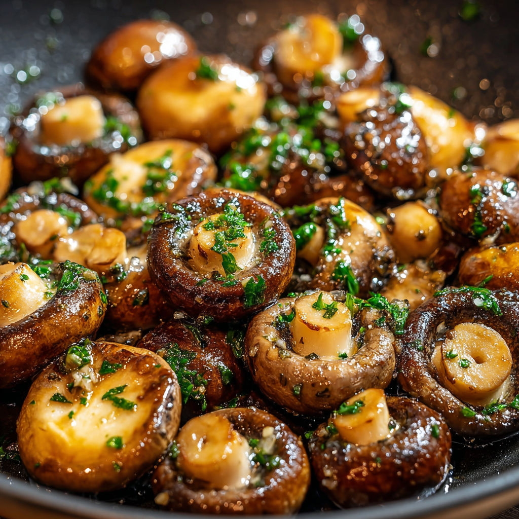 Une assiette de champignons de Paris, garnis de parsley et de sauce, prêts à être cuits.