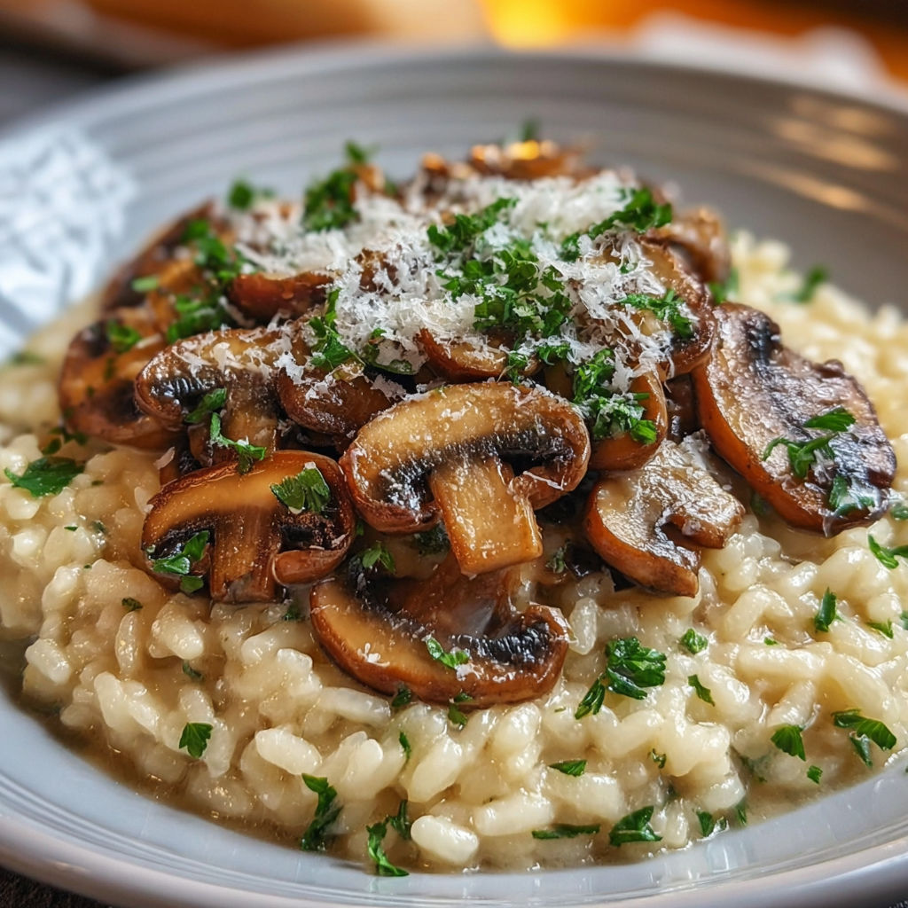 Un plat de risotto aux champignons crémeux, garnis de herbes fraîches et parsley, est présenté sur une table.