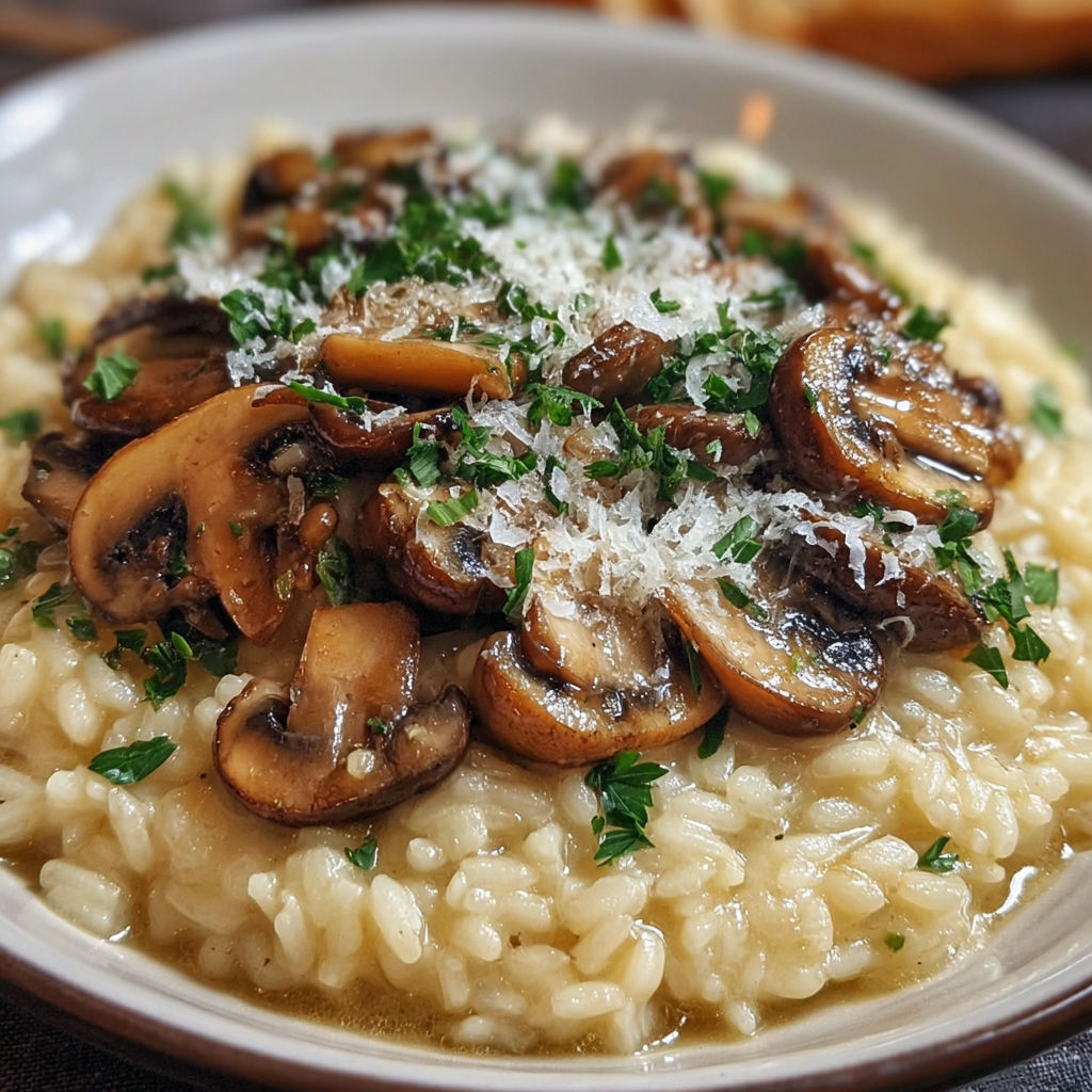 Une assiette de risotto aux champignons, avec des herbes fraîches et du parmesan.