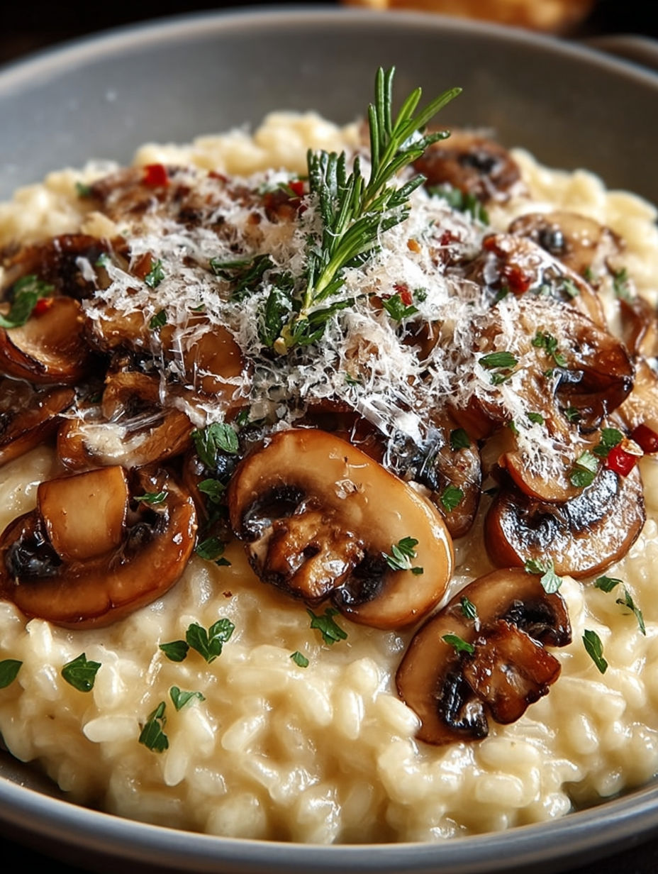 Une recette de risotto avec des champignons et des herbes.