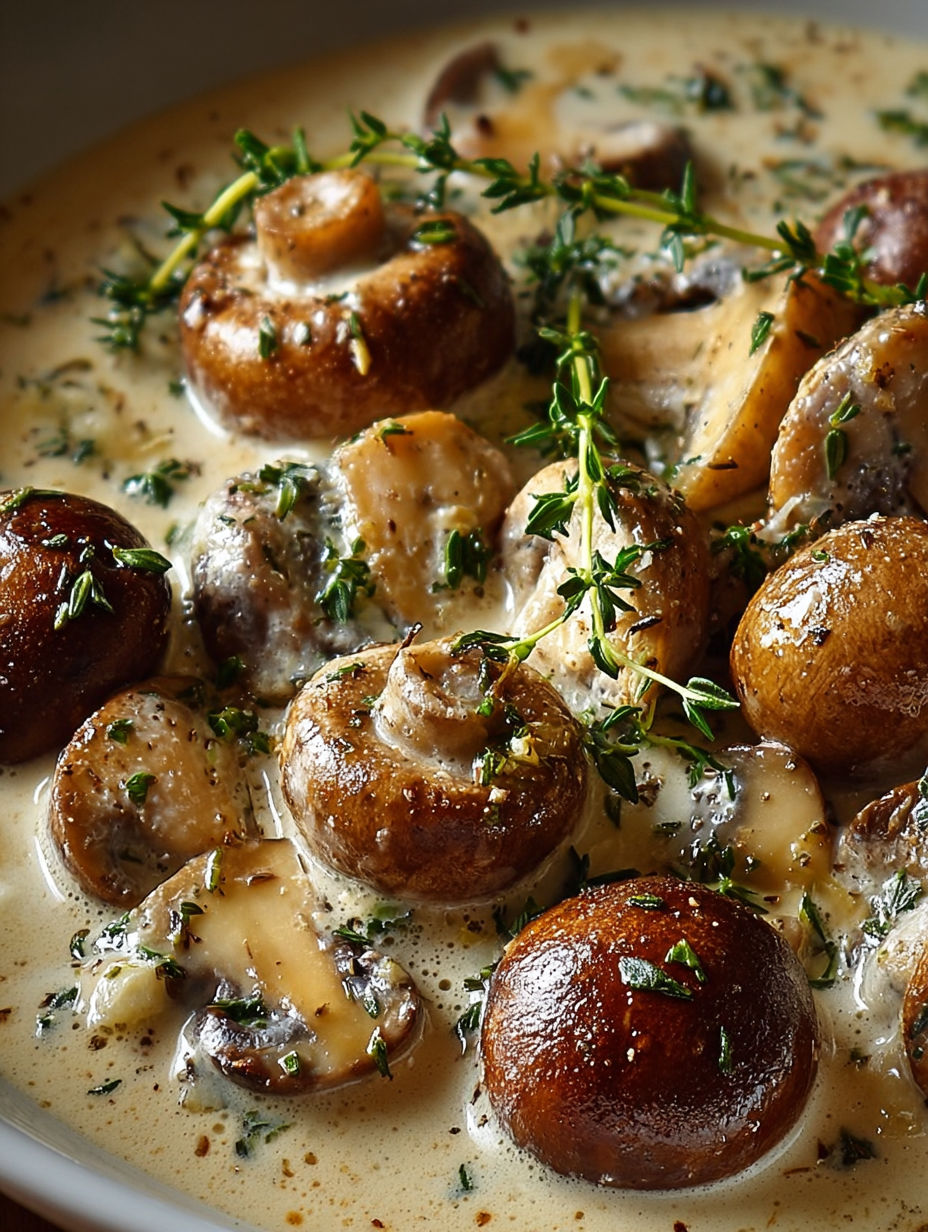 Mushrooms are cooked in a creamy sauce, garnished with herbs and served with a side of mashed potatoes.