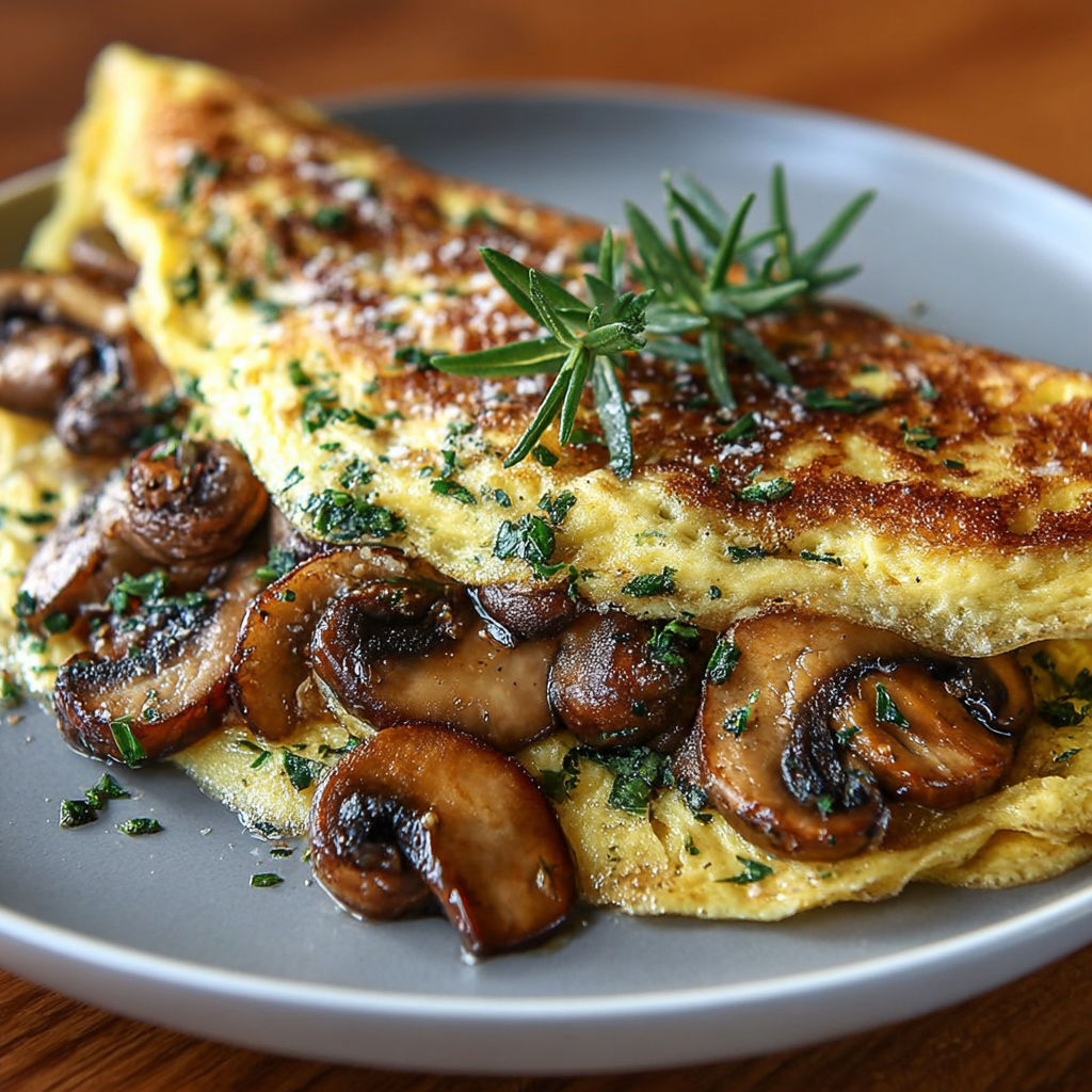 Une omelette aux champignons est servie sur un plateau en bois.