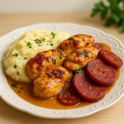 Un plat coloré mêlant poulet, pommes de terre et légumes.