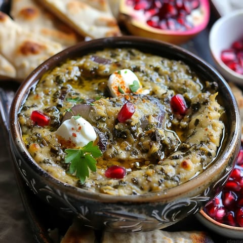 Aubergine au kashke avec graines de grenade