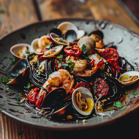 Noirs palourdes chorizo gambas