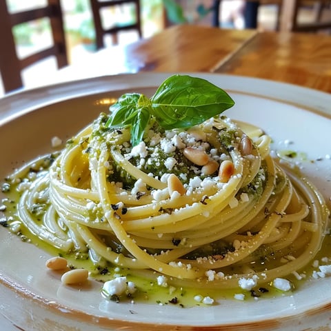 Plat de spaghettis pesto féta