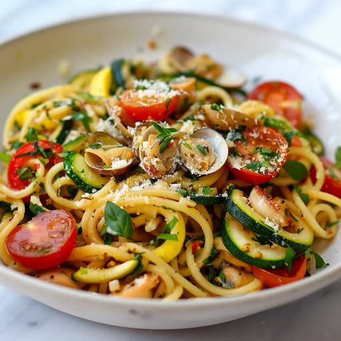 Courgettes et palourdes sur spaghettis