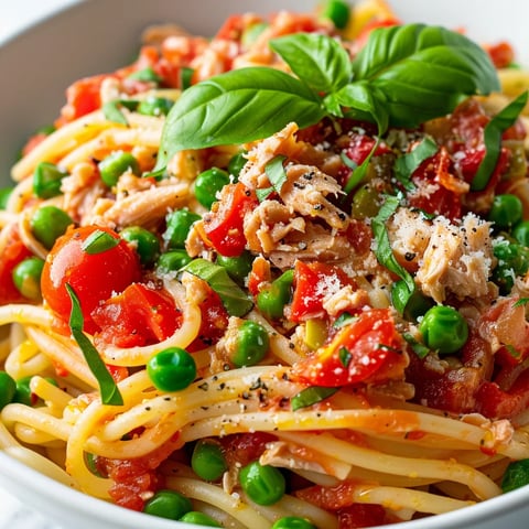 Plat de spaghetti au thon et basilic