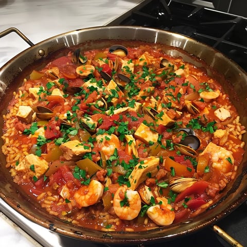 Plat de paëlla maison aux crevettes