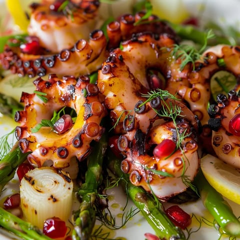 Délicieuse salade avec fenouil, asperges et pieuvre grillées