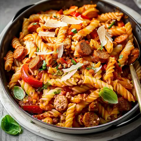 Plat de pâtes avec saucisses et fromage fondant