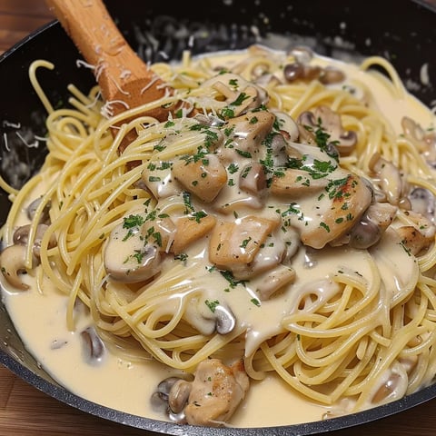 Poulet et champignons avec pâtes
