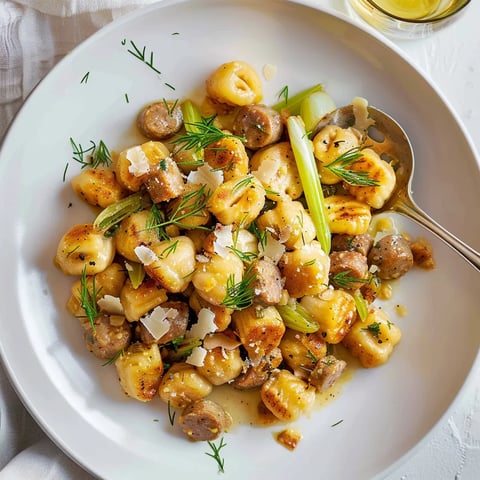 Plat de gnocchis avec poireaux et saucisse