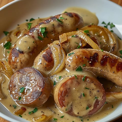 Saucisses crémeuses à la moutarde et oignons